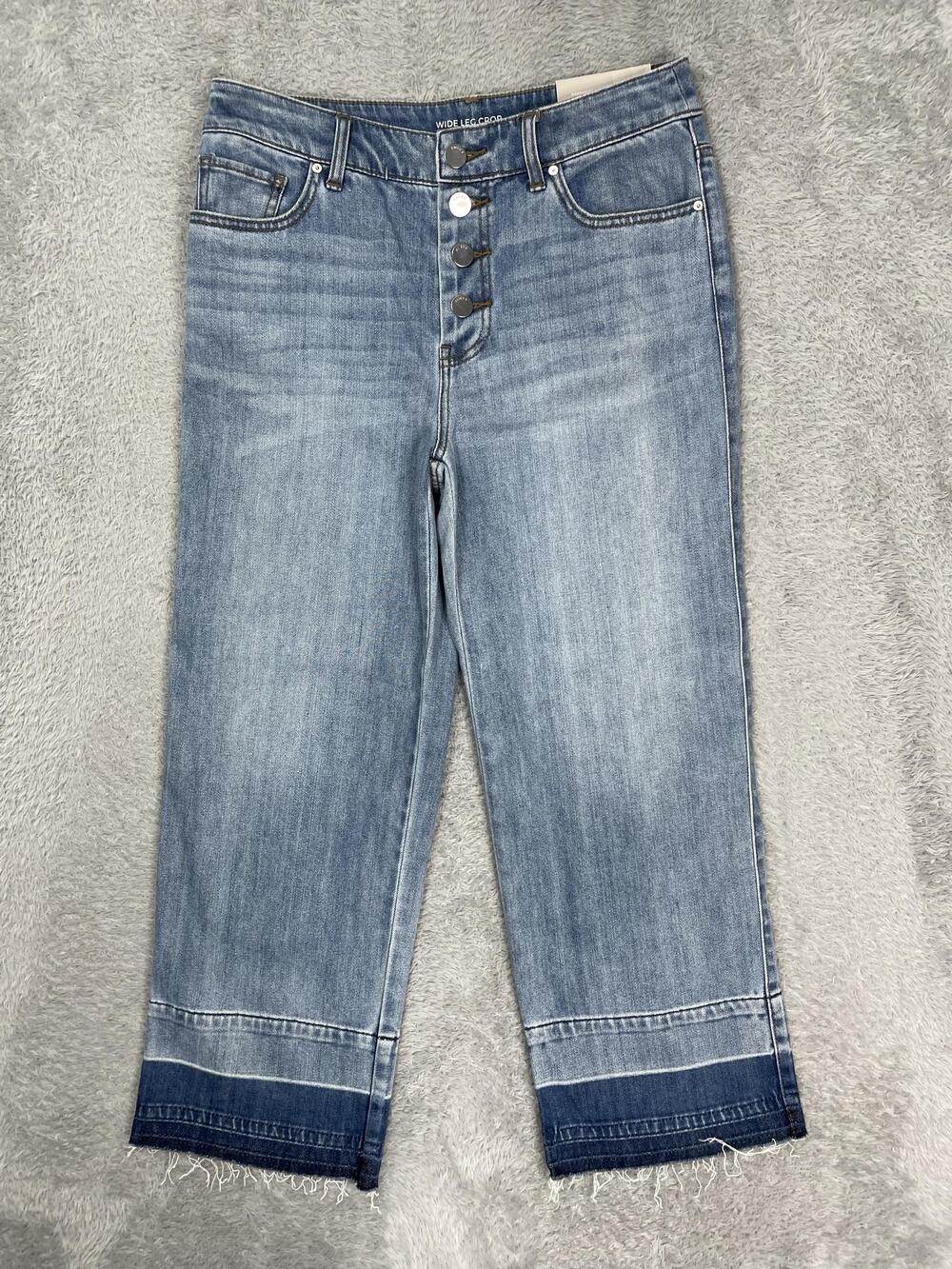 Chicos Wide Leg Crop Jeans Womens 4 Blue Med Wash High Rise Button Fly Raw Hem